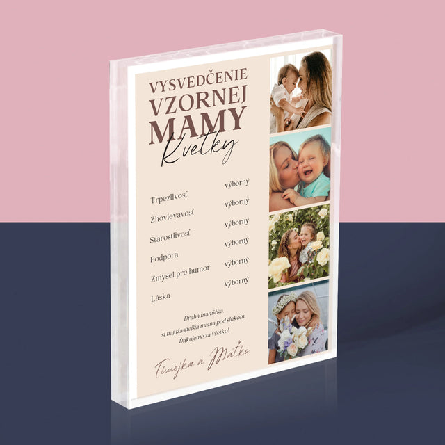 Fotokoláž: Vysvedčenie Vzornej Mamy - Akrylový Blok (Vertikálne)