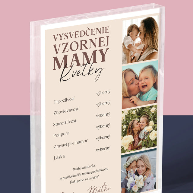 Fotokoláž: Vysvedčenie Vzornej Mamy - Akrylový Blok (Vertikálne)