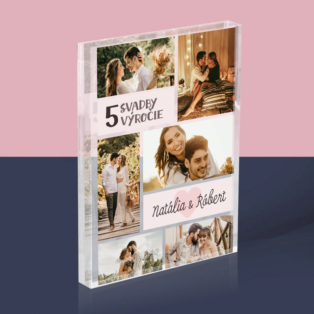 Fotokoláž: 5. Výročie Svadby - Akrylový Blok (Vertikálne)