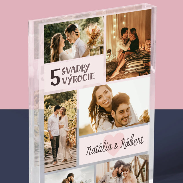 Fotokoláž: 5. Výročie Svadby - Akrylový Blok (Vertikálne)