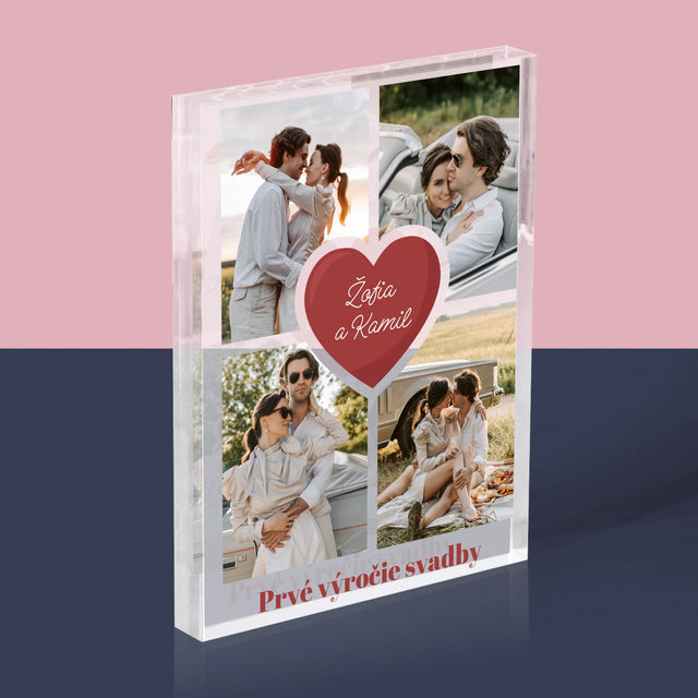 Fotokoláž: Prvé Výročie Srdce - Akrylový Blok (Vertikálne)