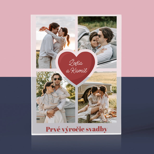 Fotokoláž: Prvé Výročie Srdce - Akrylový Blok (Vertikálne)