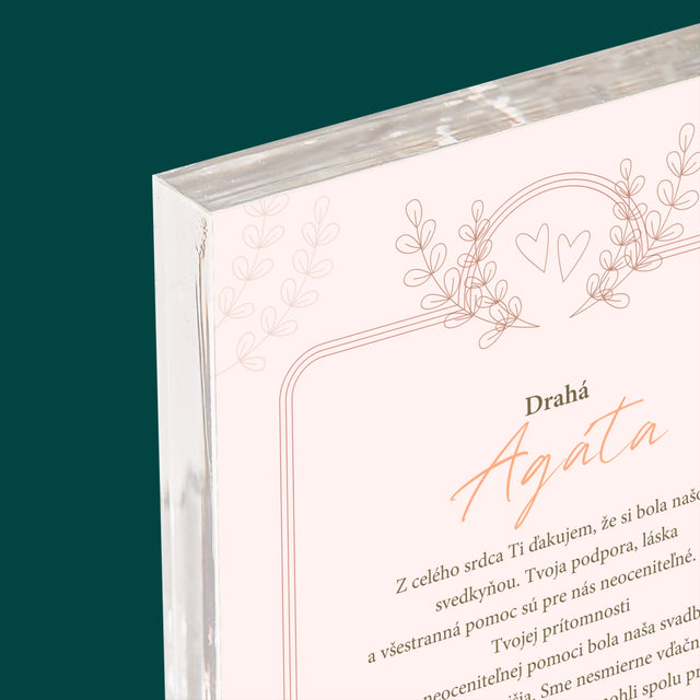 Meno A Podpis: Poďakovanie Pre Svedkyňu - Akrylový Blok (Vertikálne)