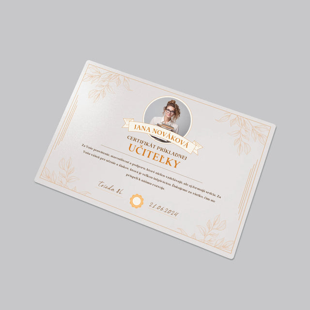 Fotografia A Podpis: Certifikát Príkladnej Učiteľky - Podložka Na Stôl
