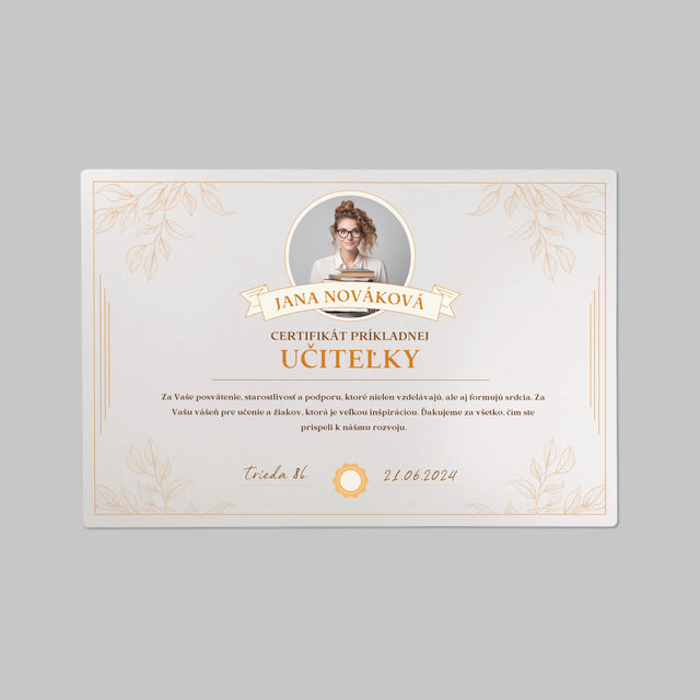 Fotografia A Podpis: Certifikát Príkladnej Učiteľky - Podložka Na Stôl