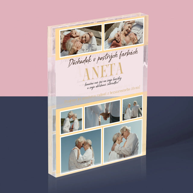 Fotokoláž: Dúhový Dôchodok - Akrylový Blok (Vertikálne)