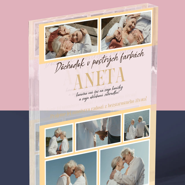 Fotokoláž: Dúhový Dôchodok - Akrylový Blok (Vertikálne)