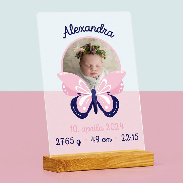 Údaje Narodenia Dieťaťa: Narodenie Dieťaťa Motýľ - Tlač Na Akrylové Sklo (Vertikálne)