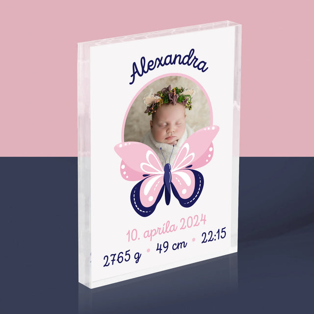 Údaje Narodenia Dieťaťa: Narodenie Dieťaťa Motýľ - Akrylový Blok (Vertikálne)