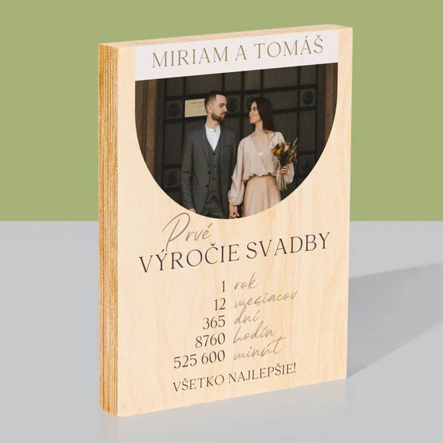 Fotografia A Podpis: Prvé Výročie Svadby - Tlač Na Drevo (Vertikálne)