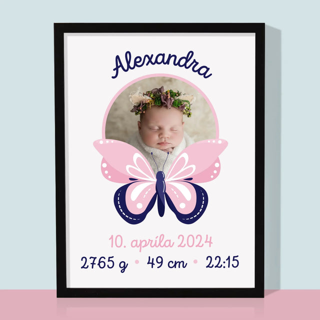 Údaje Narodenia Dieťaťa: Narodenie Dieťaťa Motýľ - Zarámováná Tlač 30X40 (Vertikálne)