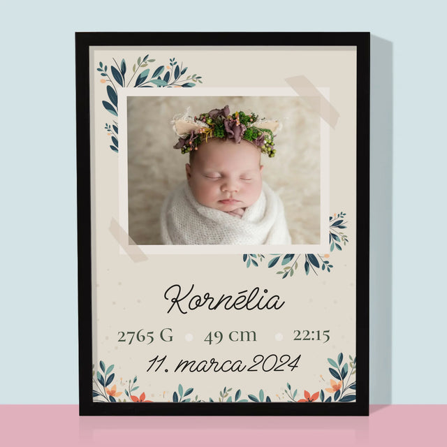 Údaje Narodenia Dieťaťa: Narodenie Dieťaťa Kvety - Zarámováná Tlač 30X40 (Vertikálne)