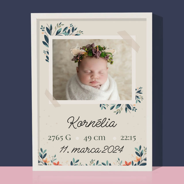 Údaje Narodenia Dieťaťa: Narodenie Dieťaťa Kvety - Zarámováná Tlač 30X40 (Vertikálne)