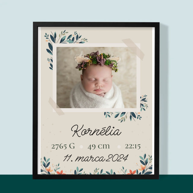 Údaje Narodenia Dieťaťa: Narodenie Dieťaťa Kvety - Zarámováná Tlač 30X40 (Vertikálne)