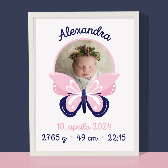 Údaje Narodenia Dieťaťa: Narodenie Dieťaťa Motýľ - Zarámováná Tlač 30X40 (Vertikálne)