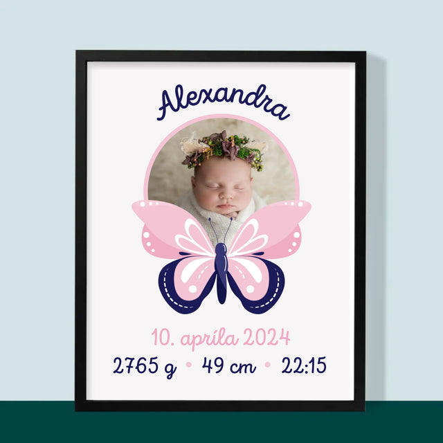Údaje Narodenia Dieťaťa: Narodenie Dieťaťa Motýľ - Zarámováná Tlač 30X40 (Vertikálne)