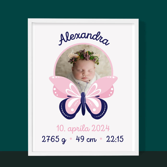 Údaje Narodenia Dieťaťa: Narodenie Dieťaťa Motýľ - Zarámováná Tlač 30X40 (Vertikálne)