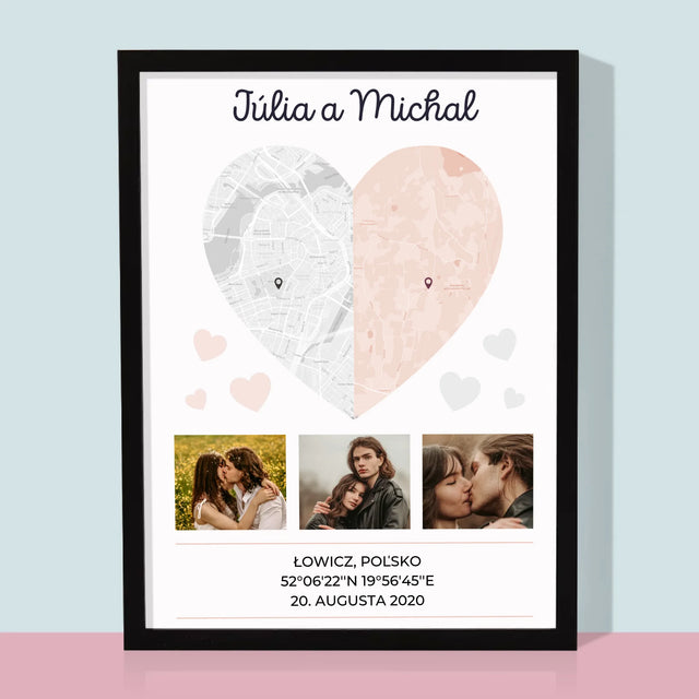 Mapa Mesta: Dve Polovice Jedného Srdca - Zarámováná Tlač 30X40 (Vertikálne)