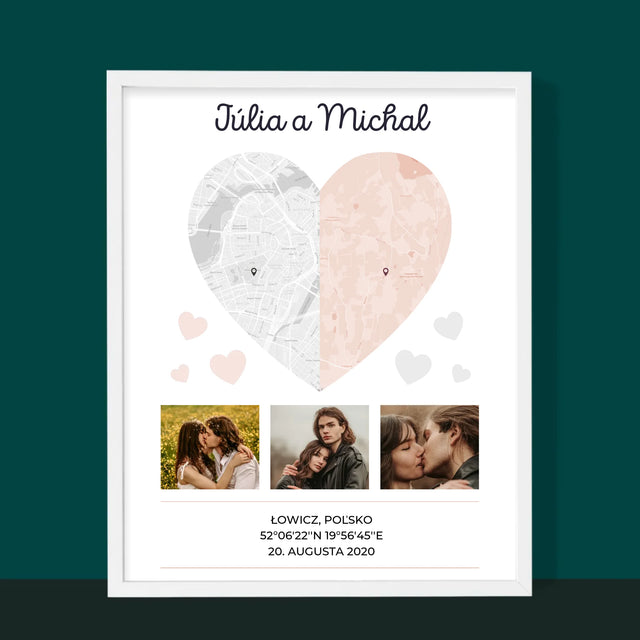 Mapa Mesta: Dve Polovice Jedného Srdca - Zarámováná Tlač 30X40 (Vertikálne)