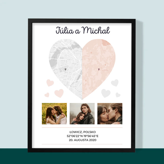 Mapa Mesta: Dve Polovice Jedného Srdca - Zarámováná Tlač 30X40 (Vertikálne)