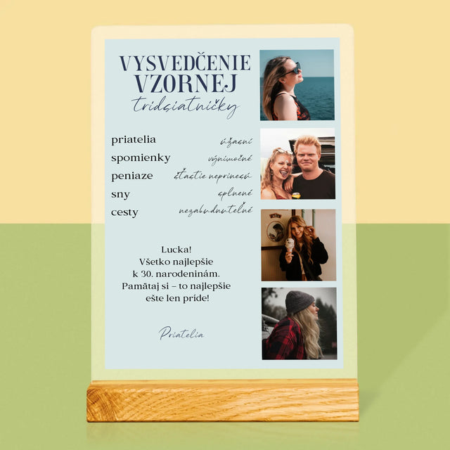 Fotokoláž: Vysvedčenie Vzornej Tridsiatničky - Tlač Na Akrylové Sklo