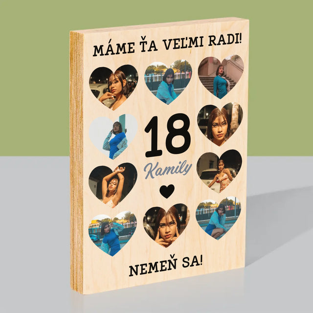 Fotokoláž: 18 Srdcia - Tlač Na Drevo (Vertikálne)