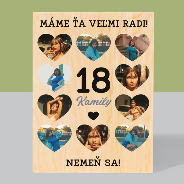 Fotokoláž: 18 Srdcia - Tlač Na Drevo (Vertikálne)