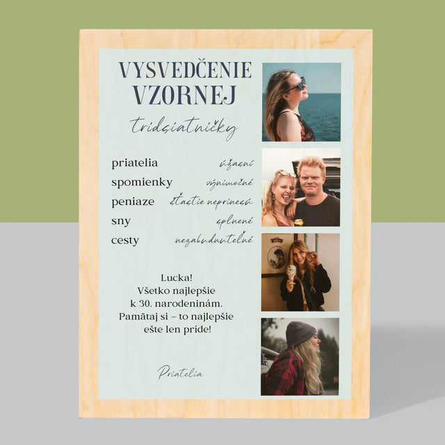 Fotokoláž: Vysvedčenie Vzornej Tridsiatničky - Tlač Na Drevo (Vertikálne)