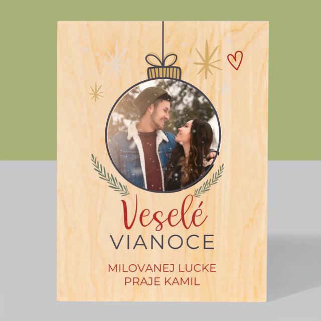 Fotografia A Podpis: Veselé Vianoce Guľa - Tlač Na Drevo (Vertikálne)