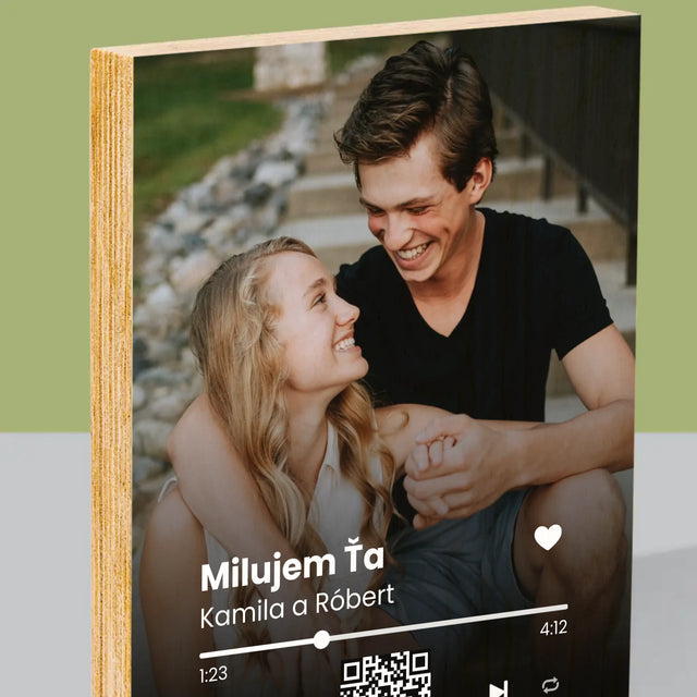 Fotografia A Podpis: Vaša Pesnička Qr Kód - Tlač Na Drevo (Vertikálne)
