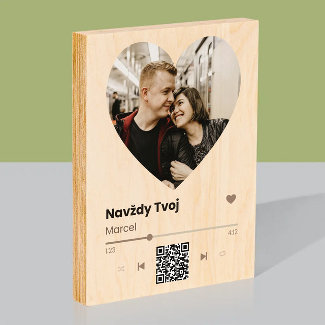 Fotografia A Podpis: Naša Pesnička Srdce Qr Kód - Tlač Na Drevo (Vertikálne)