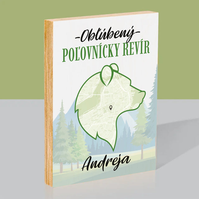 Mapa Mesta: Obľúbený Poľovnícky Revír - Tlač Na Drevo (Vertikálne)