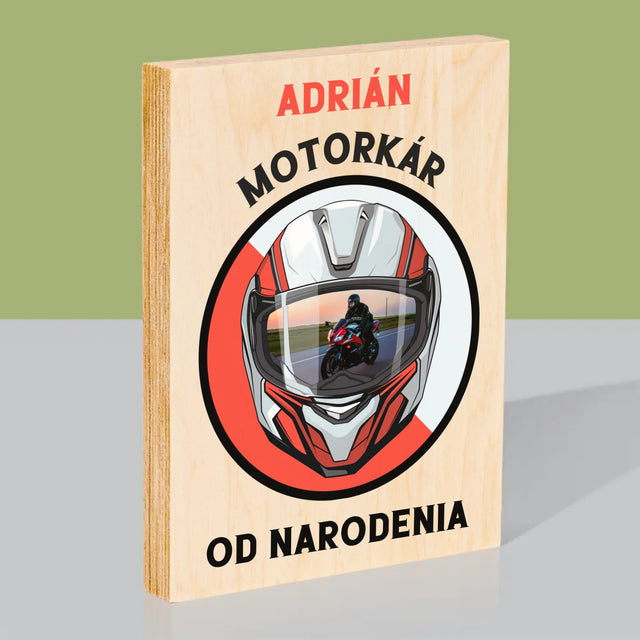 Fotografia A Podpis: Motorkár Od Narodenia - Tlač Na Drevo (Vertikálne)