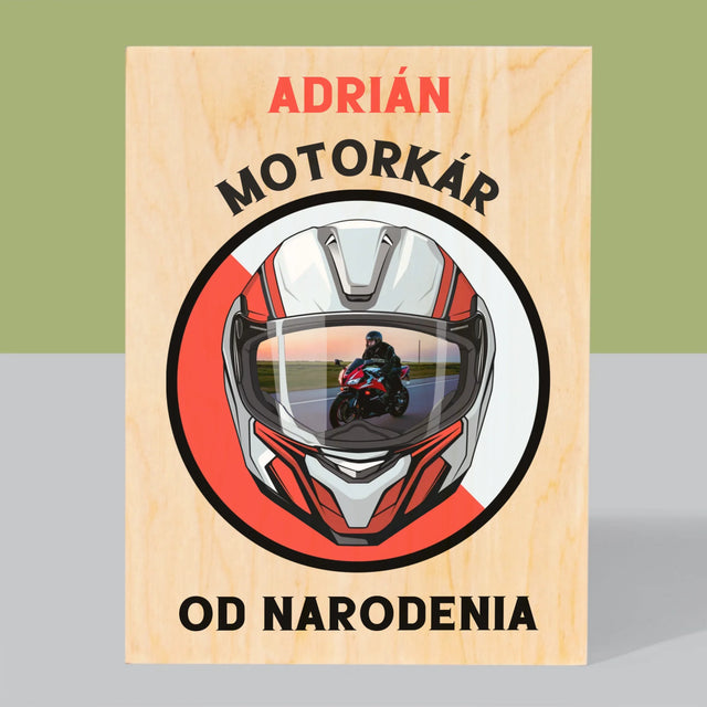 Fotografia A Podpis: Motorkár Od Narodenia - Tlač Na Drevo (Vertikálne)