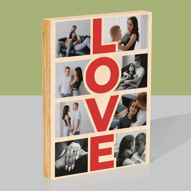 Fotokoláž: Slovo Love - Tlač Na Drevo (Vertikálne)