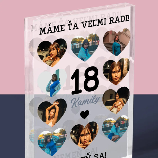 Fotokoláž: 18 Srdcia - Akrylový Blok (Vertikálne)
