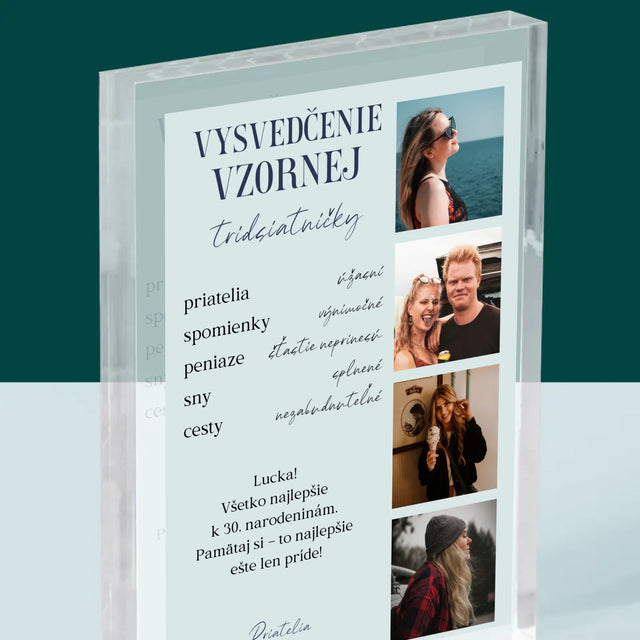 Fotokoláž: Vysvedčenie Vzornej Tridsiatničky - Akrylový Blok (Vertikálne)