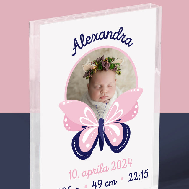 Údaje Narodenia Dieťaťa: Narodenie Dieťaťa Motýľ - Akrylový Blok (Vertikálne)