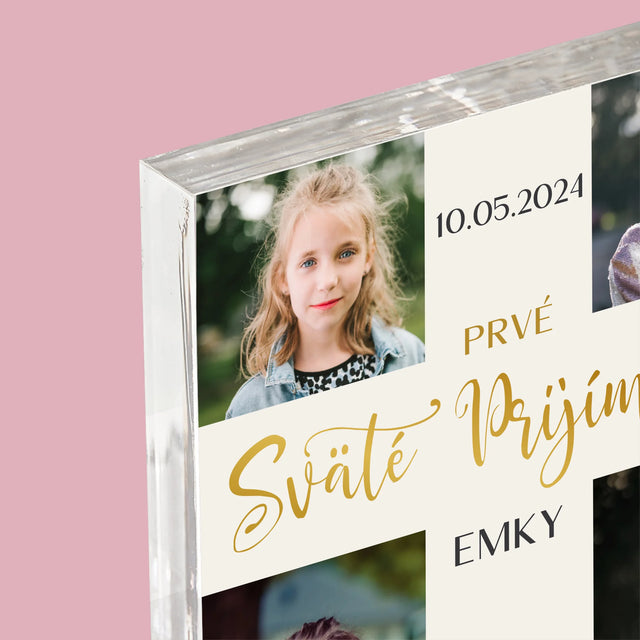 Fotokoláž:  Prvé Sväté Prijímanie Kríž - Akrylový Blok (Vertikálne)