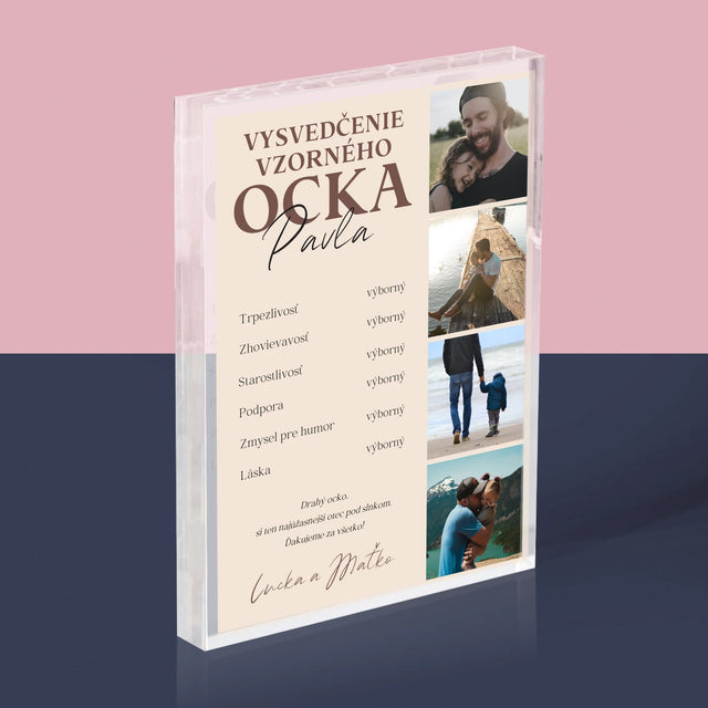 Fotokoláž: Vysvedčenie Vzorného Ocka - Akrylový Blok (Vertikálne)