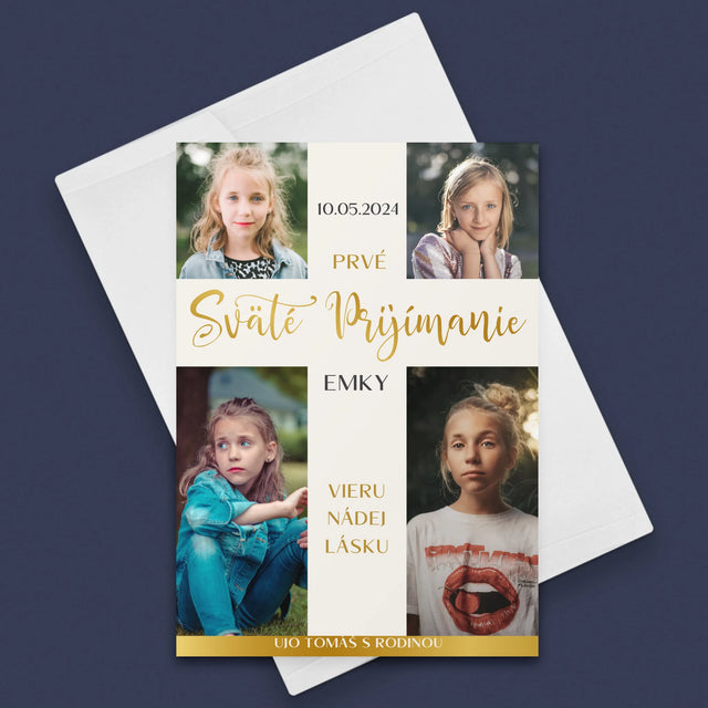 Fotokoláž:  Prvé Sväté Prijímanie Kríž - Kartička S Prianiami