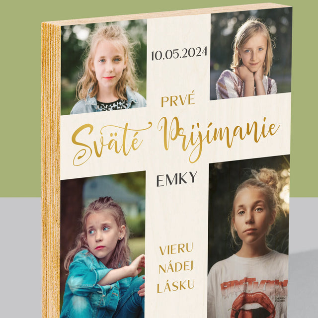 Fotokoláž:  Prvé Sväté Prijímanie Kríž - Tlač Na Drevo (Vertikálne)