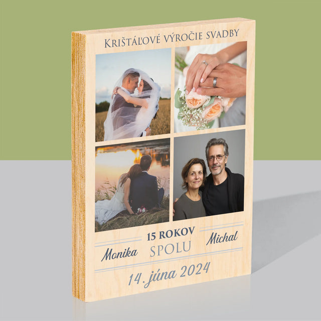 Fotokoláž: Krištáľové Výročie Svadby - Tlač Na Drevo (Vertikálne)