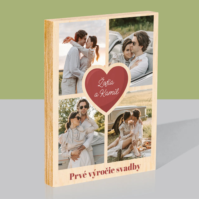 Fotokoláž: Prvé Výročie Srdce - Tlač Na Drevo (Vertikálne)