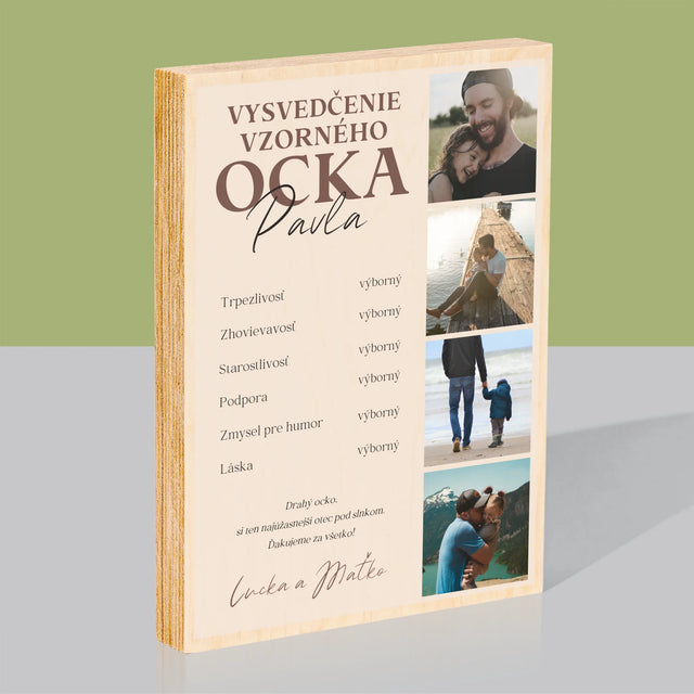 Fotokoláž: Vysvedčenie Vzorného Ocka - Tlač Na Drevo (Vertikálne)