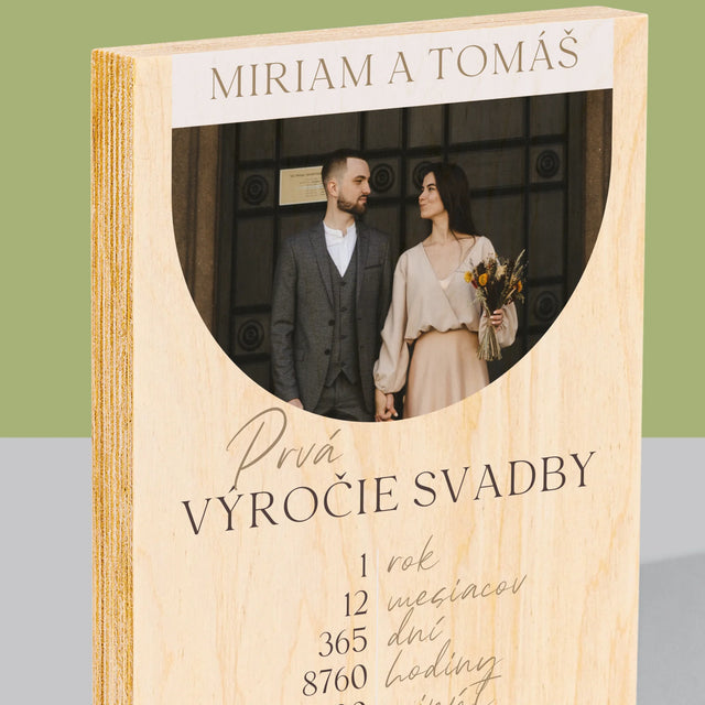 Fotografia A Podpis: Prvé Výročie Svadby - Tlač Na Drevo (Vertikálne)