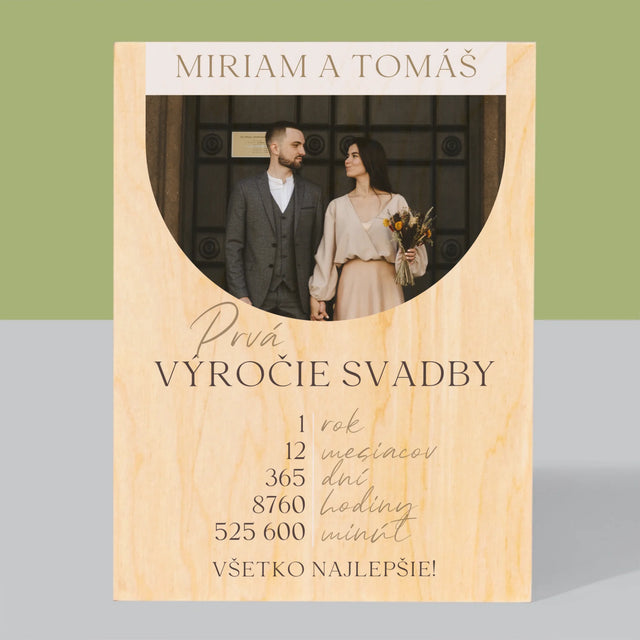 Fotografia A Podpis: Prvé Výročie Svadby - Tlač Na Drevo (Vertikálne)