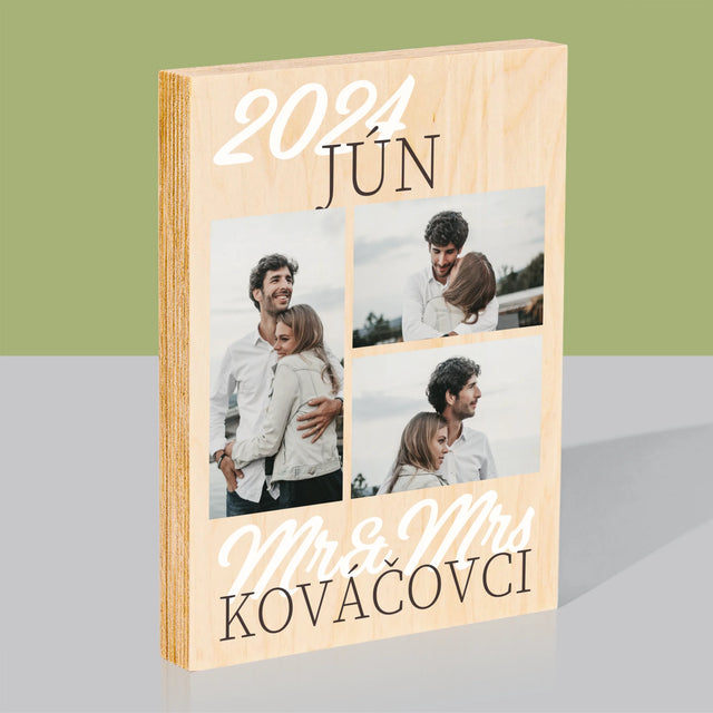 Fotokoláž: Mr&Mrs Dátum - Tlač Na Drevo (Vertikálne)