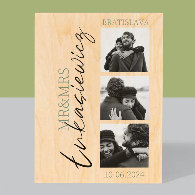 Fotokoláž: Mr&Mrs Svadobné - Tlač Na Drevo (Vertikálne)