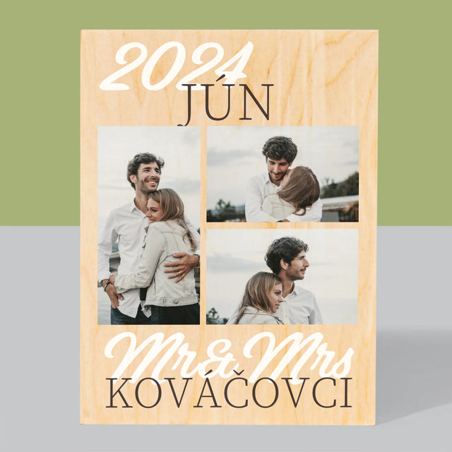 Fotokoláž: Mr&Mrs Dátum - Tlač Na Drevo (Vertikálne)